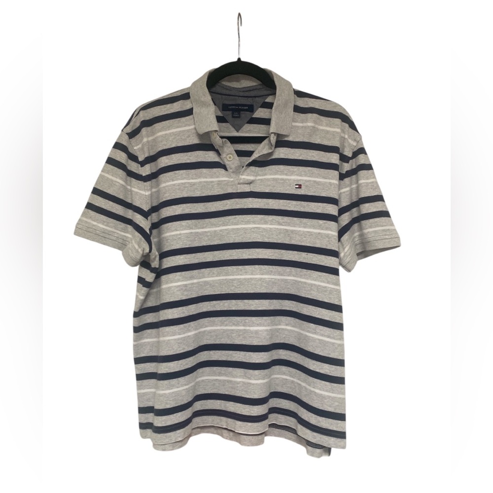 Tommy Hilfiger Men's Polo in Gray and Navy Stripes GUC L